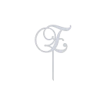 A laser-cut aluminum cake topper featuring an elegant 'E' in swirling script style. The design includes intricate loops and curves, with a natural aluminum finish. The topper has a pointed stake for easy insertion into a cake, set against a black background.